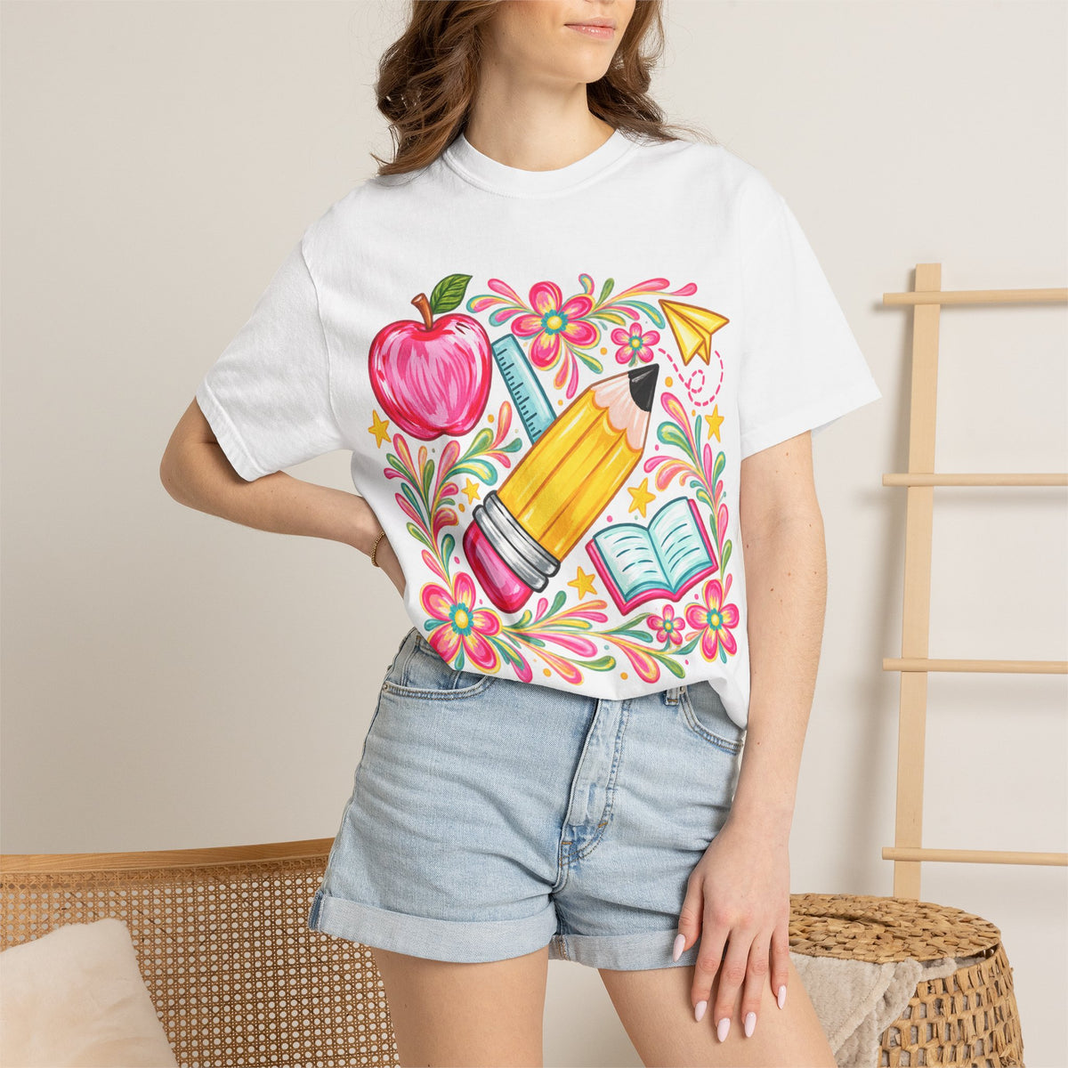 School Supplies Pencil Apple Floral T-shirt | Teacher Student Back to School
