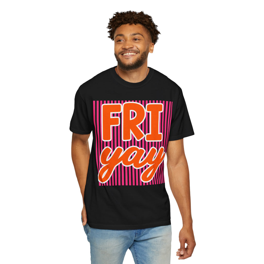 FRI yay T-shirt | Bright Retro Text, Pink Stripes