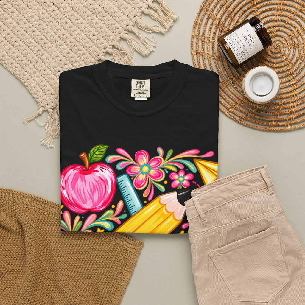 School Supplies Pencil Apple Floral T-shirt | Teacher Student Back to School