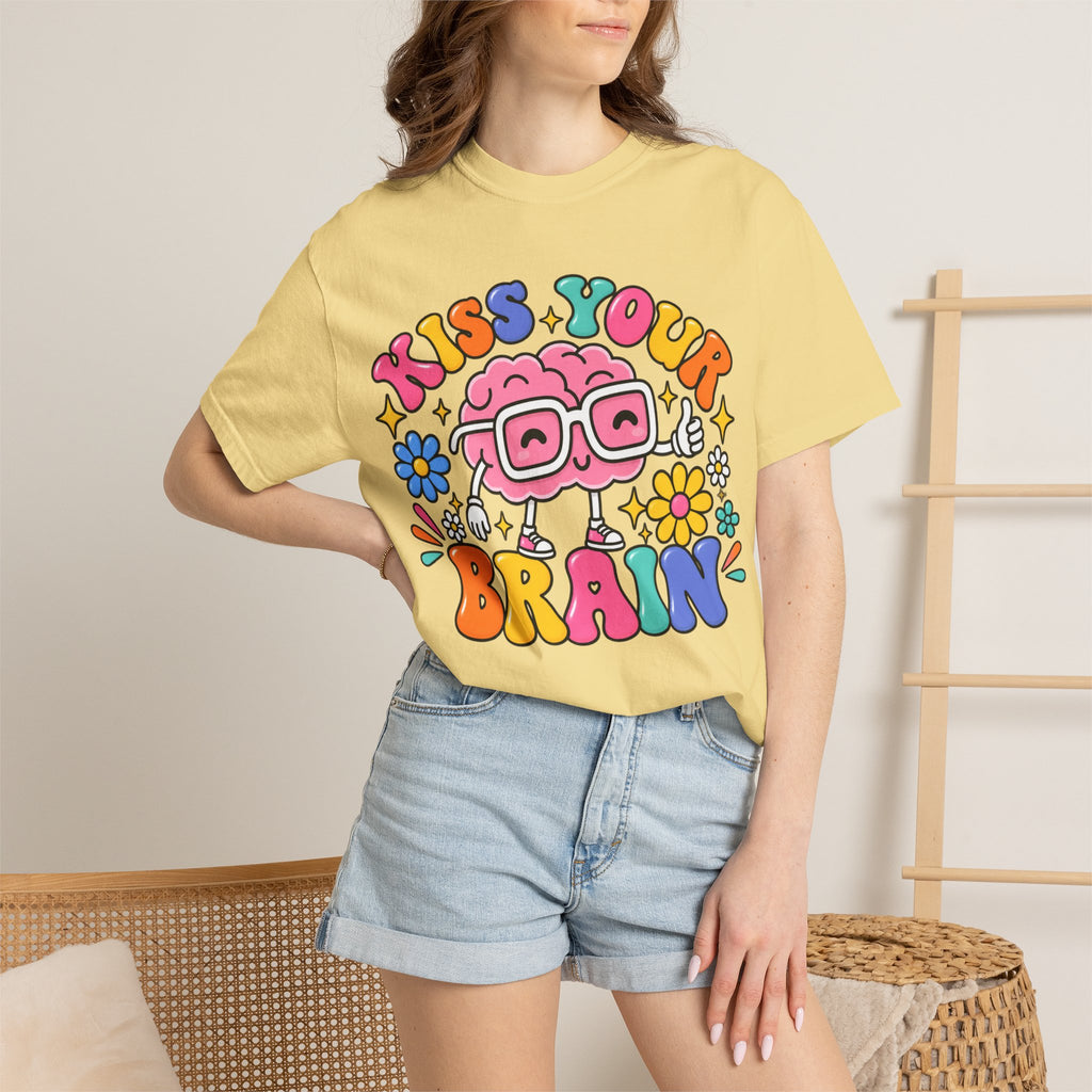 Kiss Your Brain BRI TEE | T-Shirt, Retro Cartoon Brain with Flowers