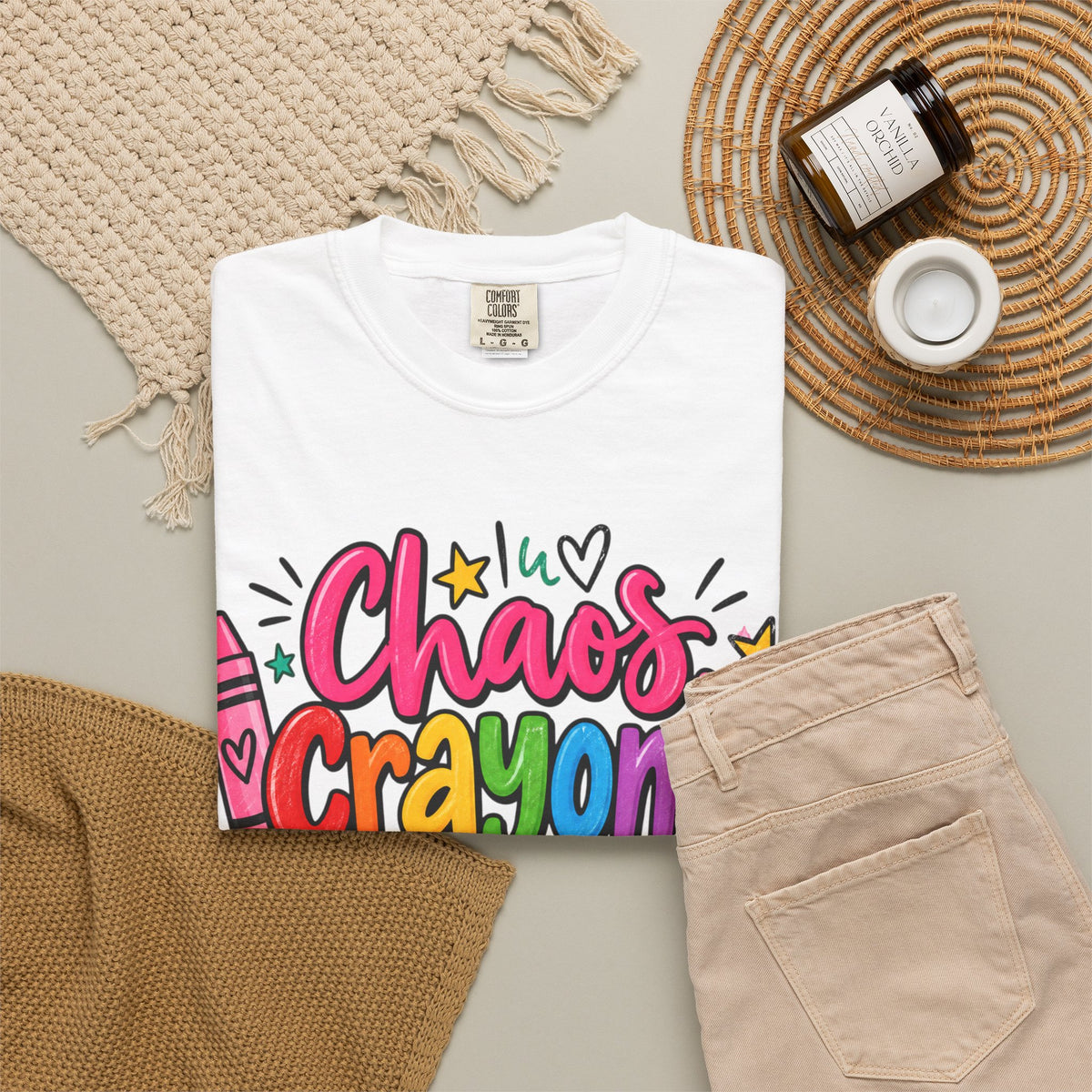 Chaos Crayons & Confidence T-shirt | Colorful Crayon School Art Tee