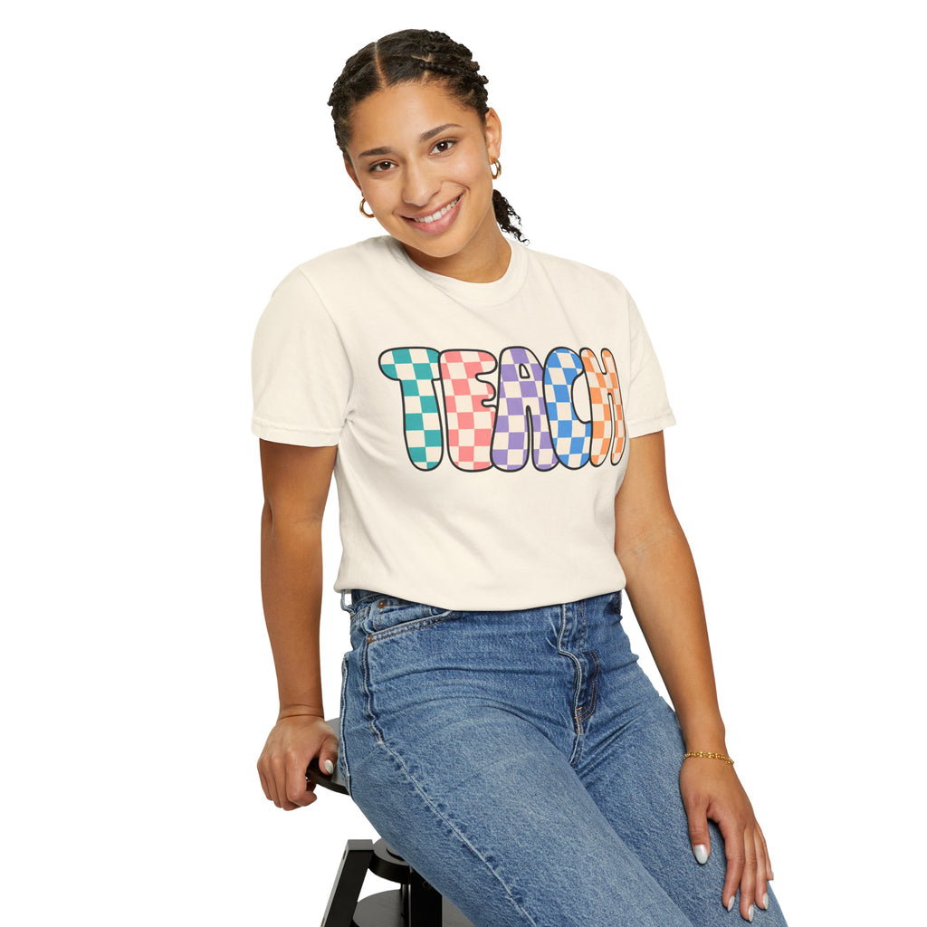 Teach Bubble Letters Checkerboard T-Shirt | Colorful Retro School Tee