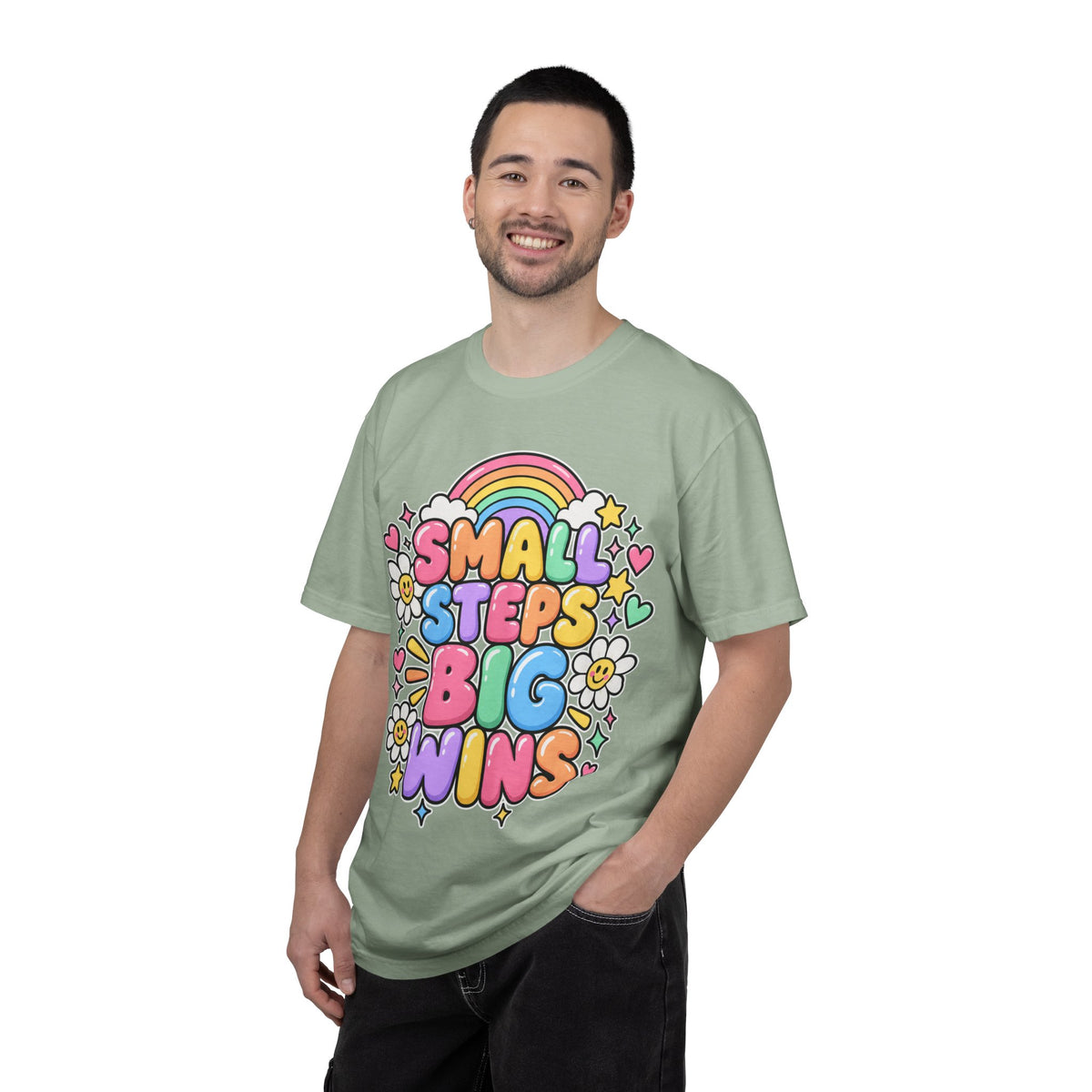 Small Steps Big Wins T-shirt | Retro Rainbow Positive Graphic