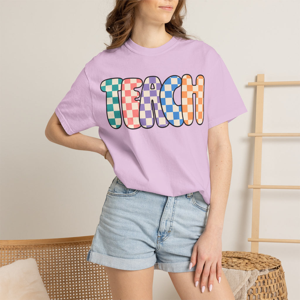 Teach Bubble Letters Checkerboard T-Shirt | Colorful Retro School Tee