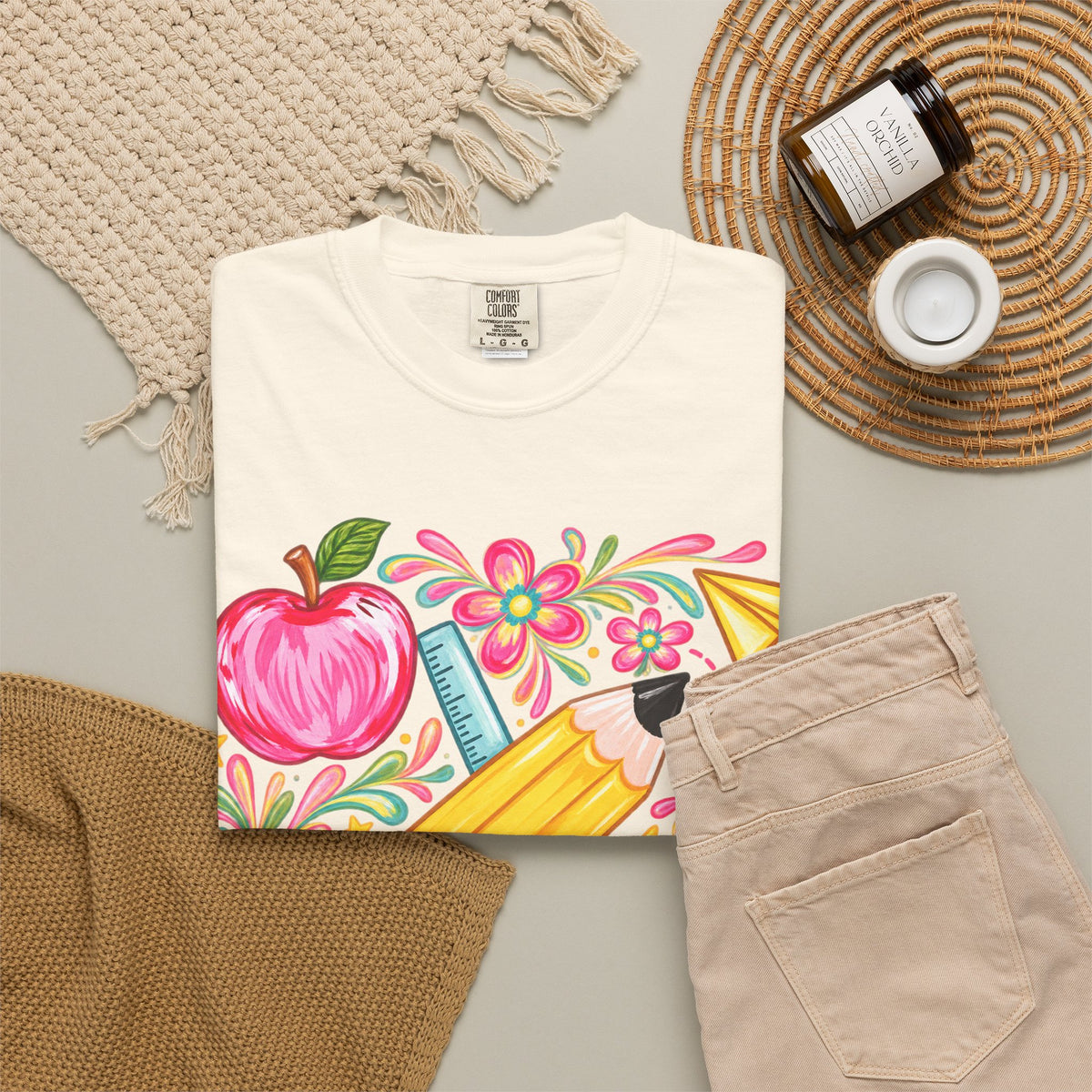 School Supplies Pencil Apple Floral T-shirt | Teacher Student Back to School