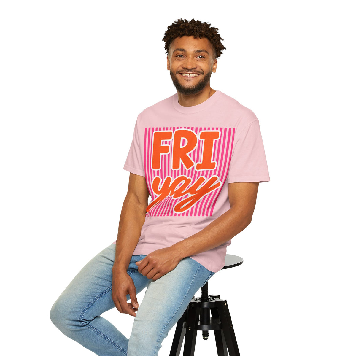FRI yay T-shirt | Bright Retro Text, Pink Stripes