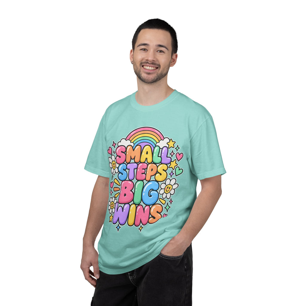 Small Steps Big Wins T-shirt | Retro Rainbow Positive Graphic