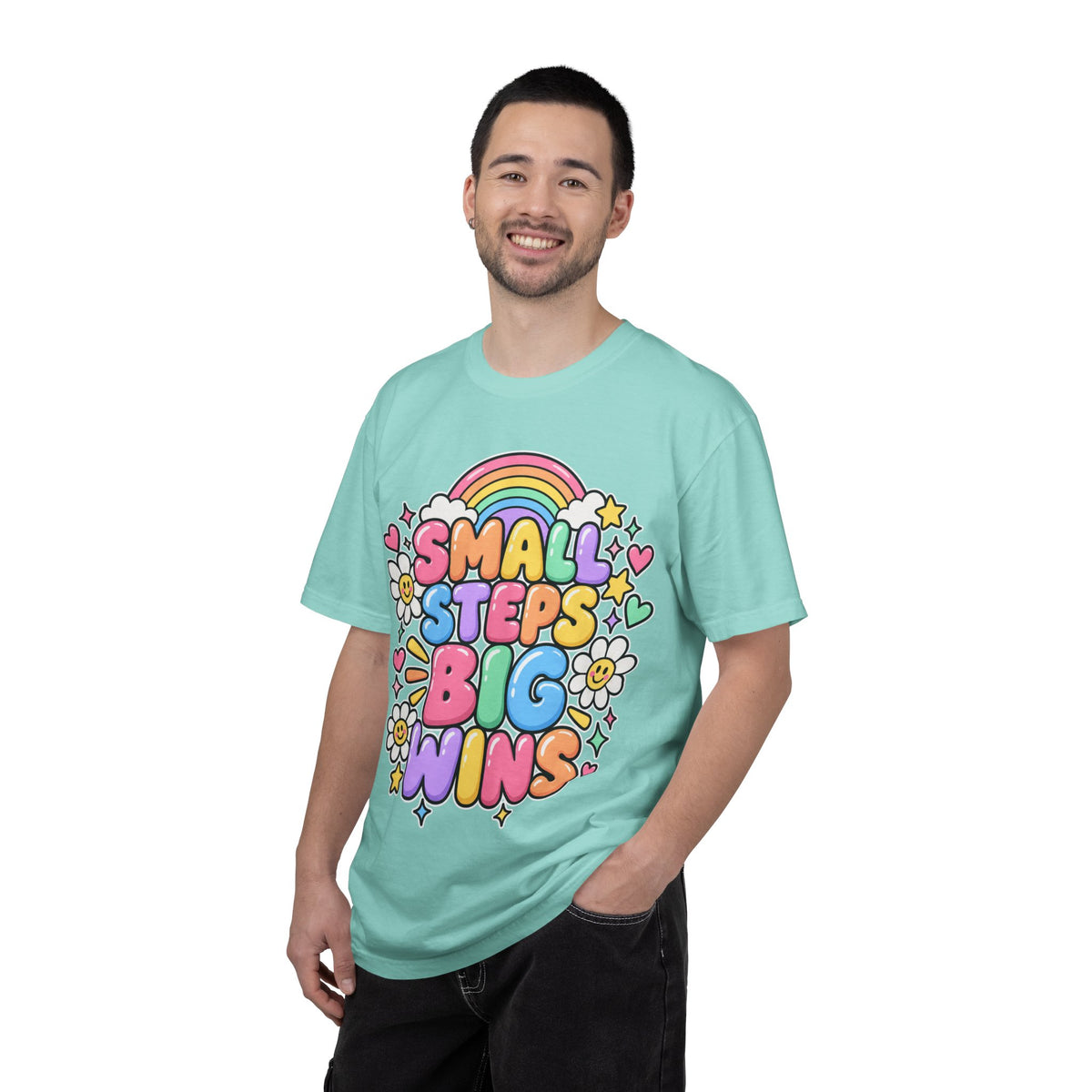 Small Steps Big Wins T-shirt | Retro Rainbow Positive Graphic