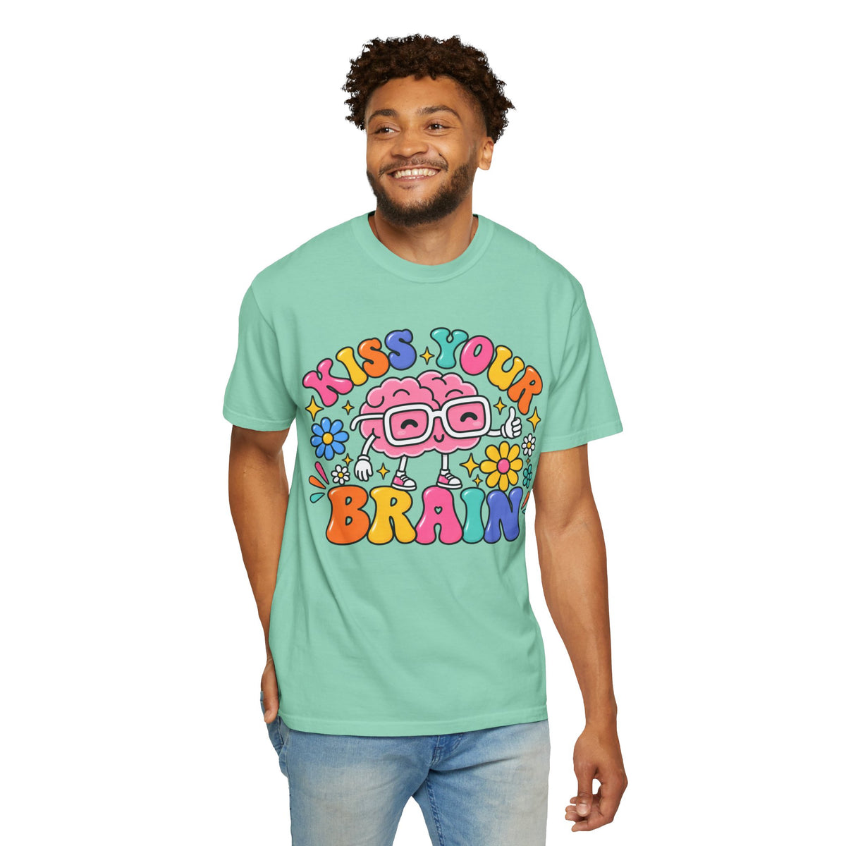 Kiss Your Brain BRI TEE | T-Shirt, Retro Cartoon Brain with Flowers