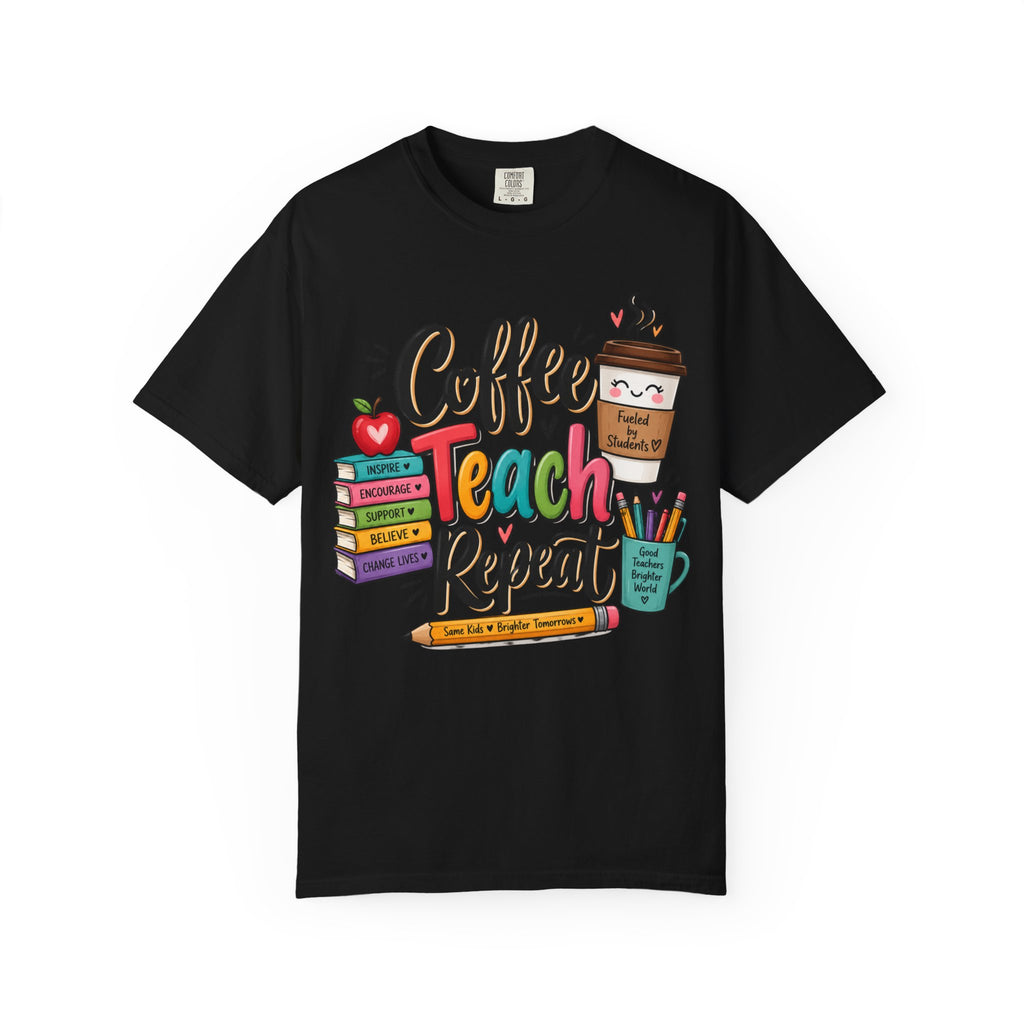 Coffee Teach Repeat T-shirt | Teacher Coffee Book Stack Pencil Mug Design