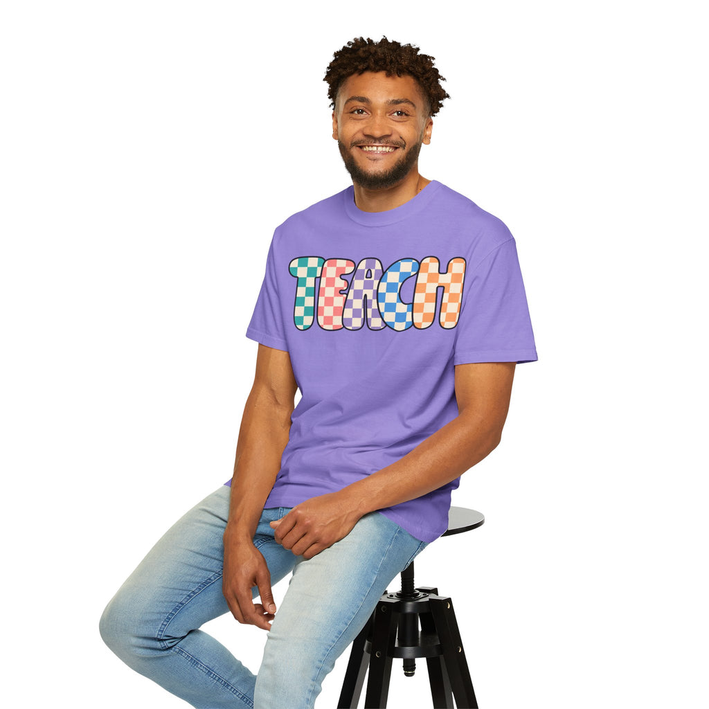 Teach Bubble Letters Checkerboard T-Shirt | Colorful Retro School Tee
