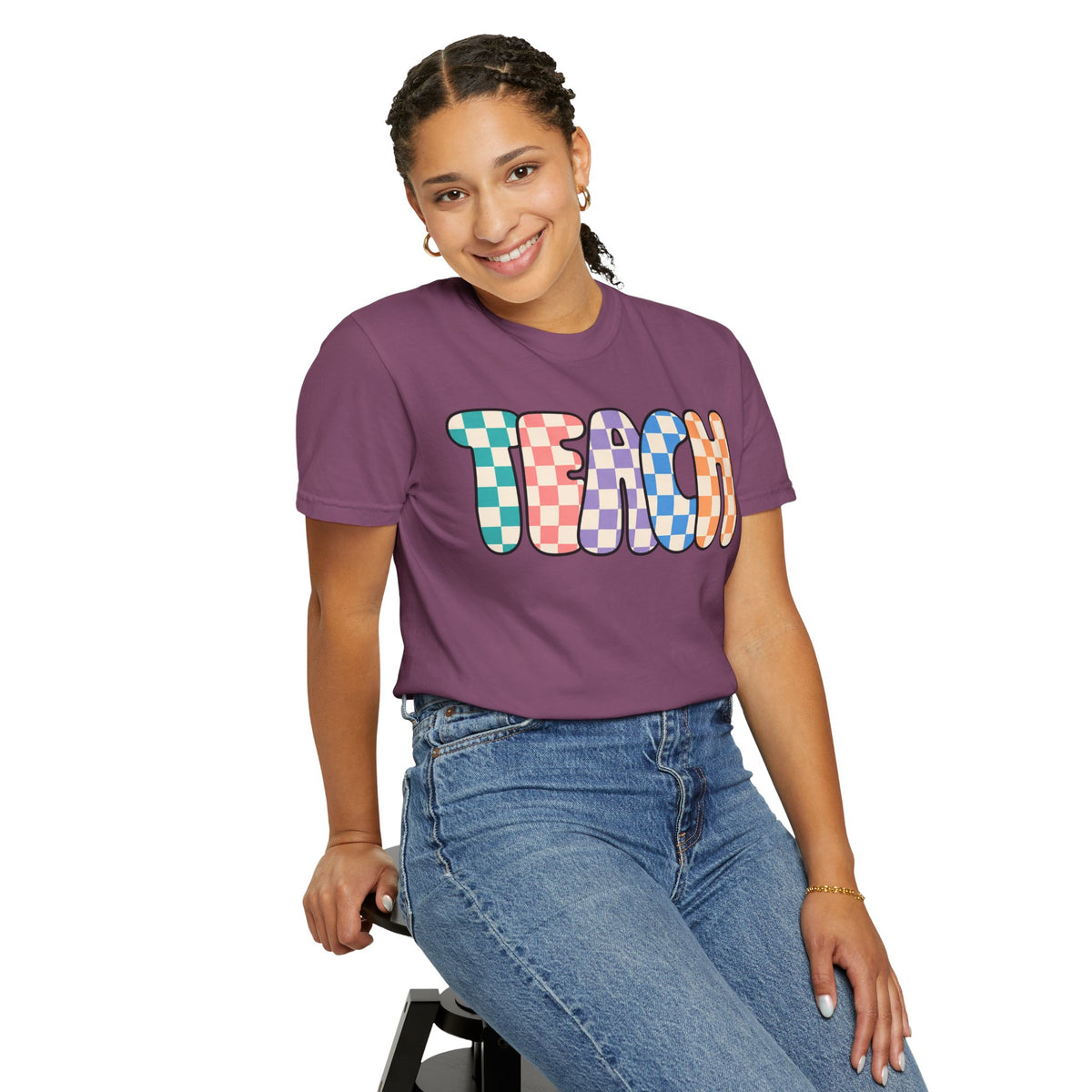 Teach Bubble Letters Checkerboard T-Shirt | Colorful Retro School Tee