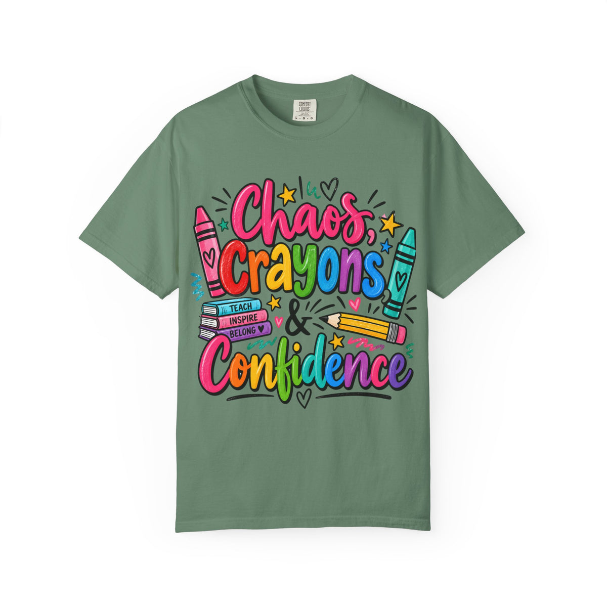 Chaos Crayons & Confidence T-shirt | Colorful Crayon School Art Tee