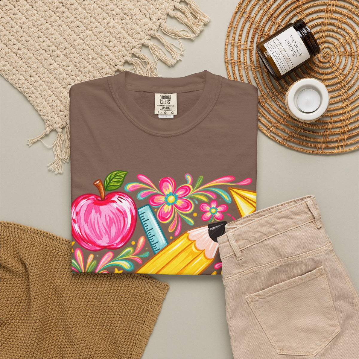 School Supplies Pencil Apple Floral T-shirt | Teacher Student Back to School