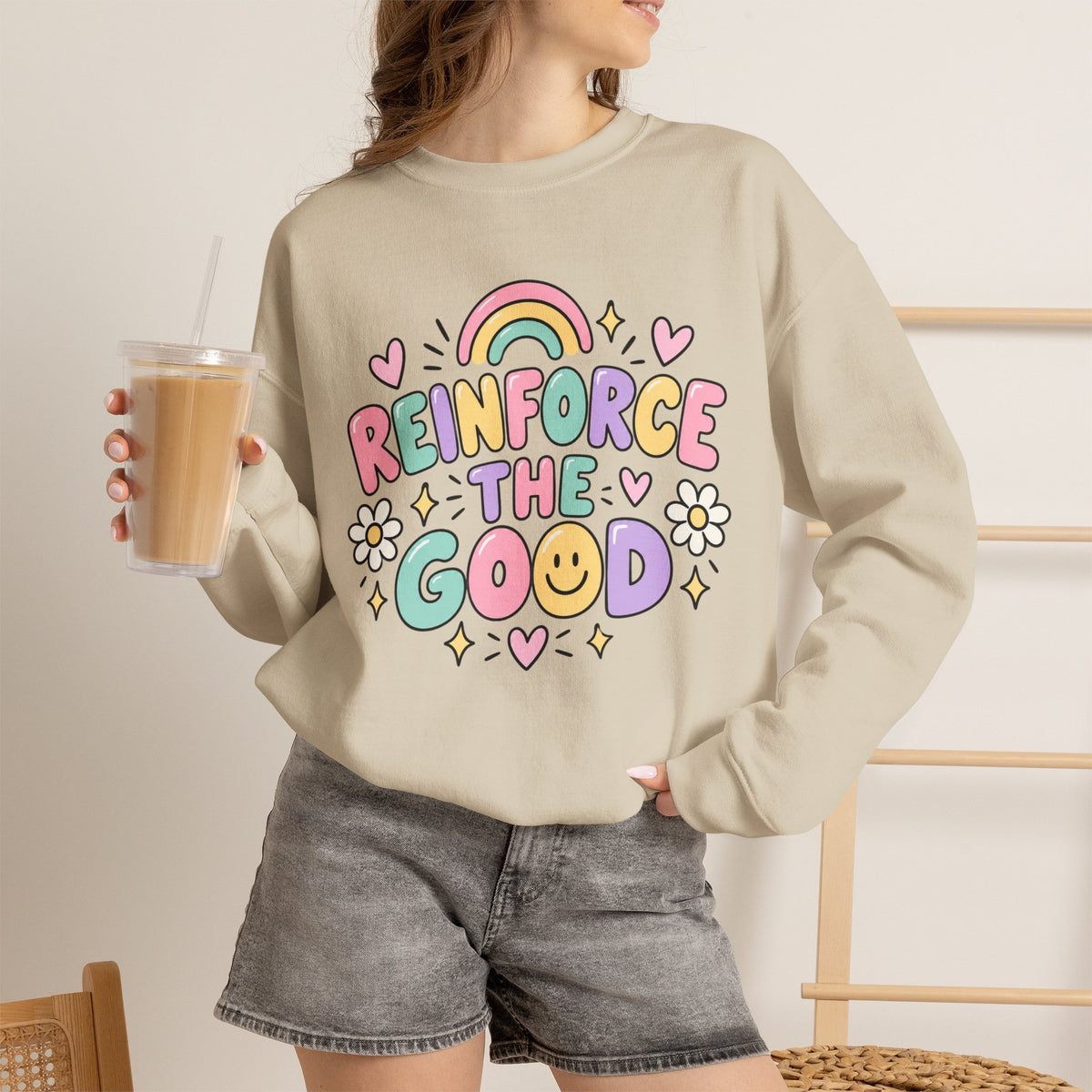Reinforce the Good Crewneck | Rainbow Heart Daisy Positive Message Sweatshirt