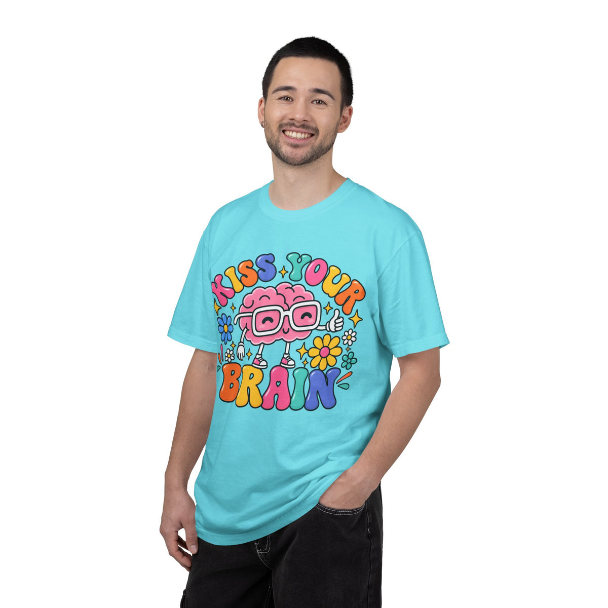 Kiss Your Brain BRI TEE | T-Shirt, Retro Cartoon Brain with Flowers