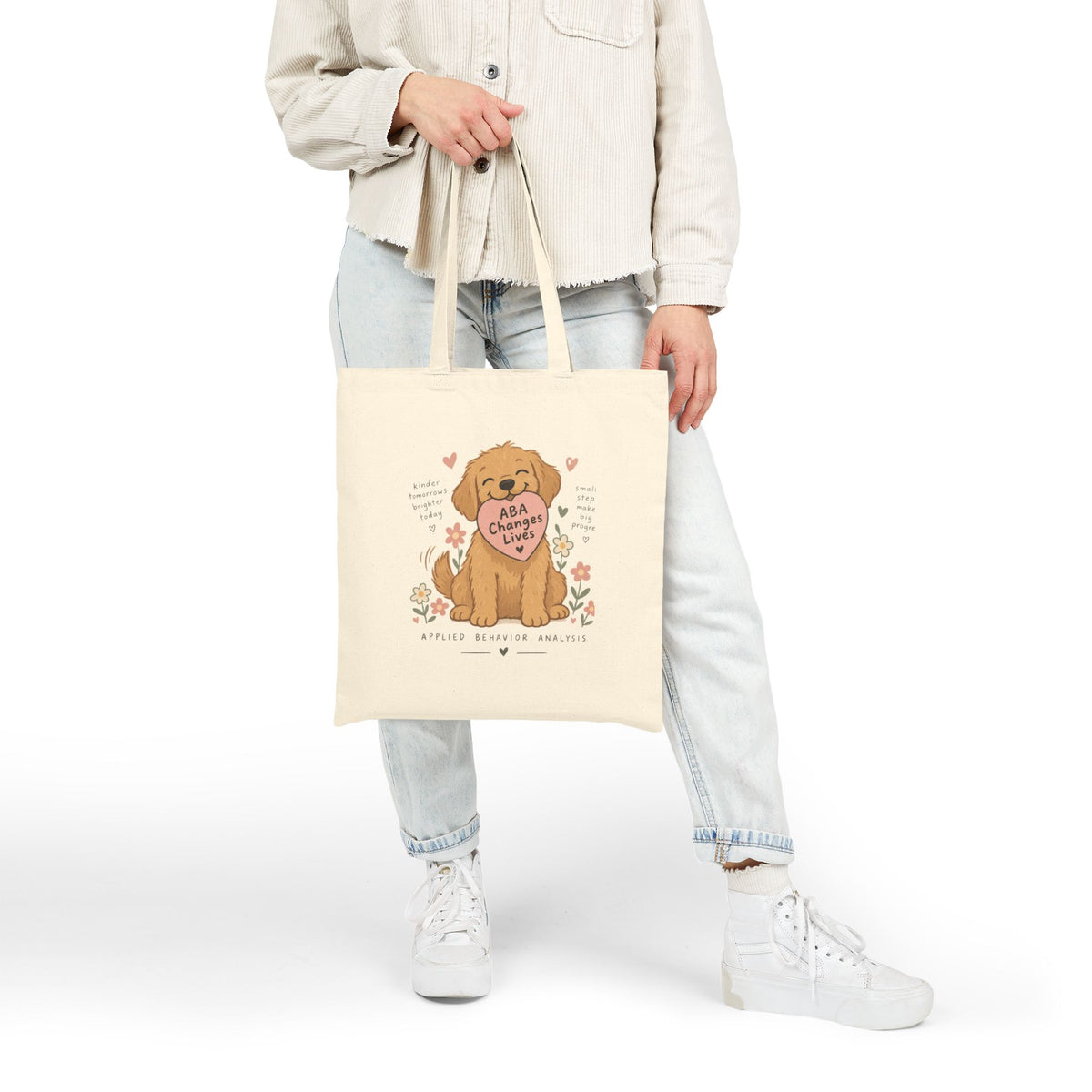 Golden Retriever Puppy Holding Heart tote bag | Cute Dog Illustration, Floral Accents