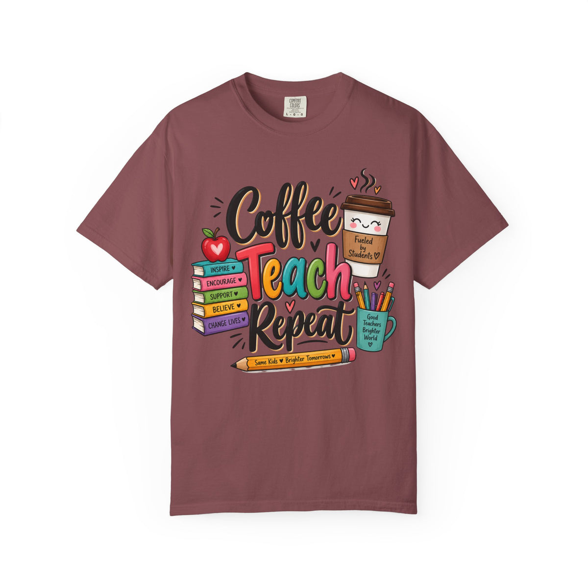 Coffee Teach Repeat T-shirt | Teacher Coffee Book Stack Pencil Mug Design