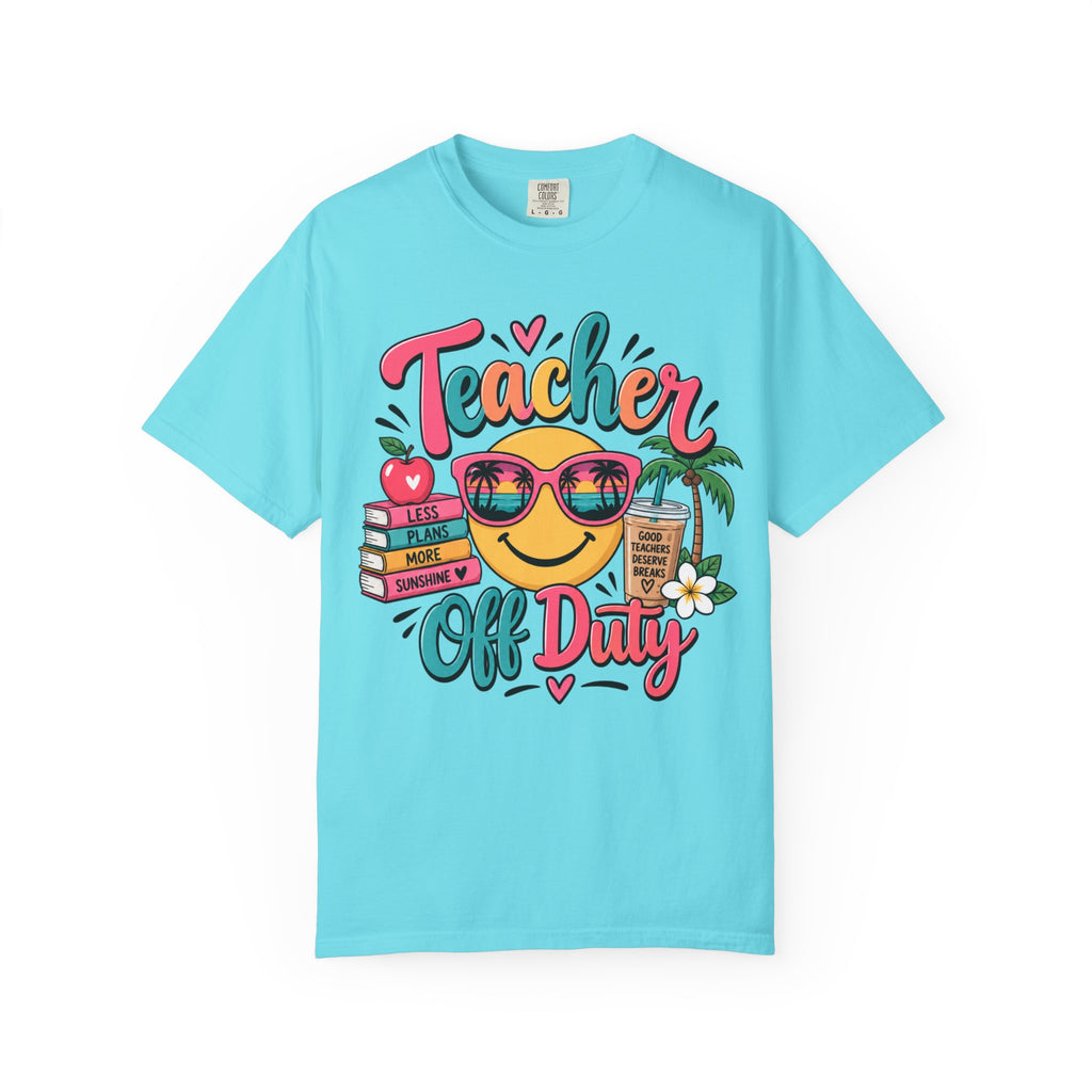 Teacher Off Duty T-shirt | Smiley Sunglasses, Books, Palm Trees, Coffee