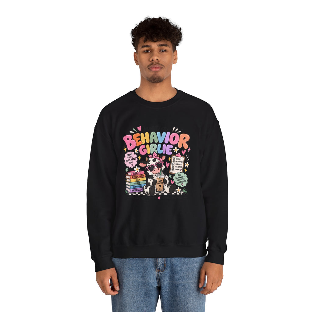 Just a Behavior Girl Crewneck Sweatshirt | Cute Cow Character, Books & Therapy Icons