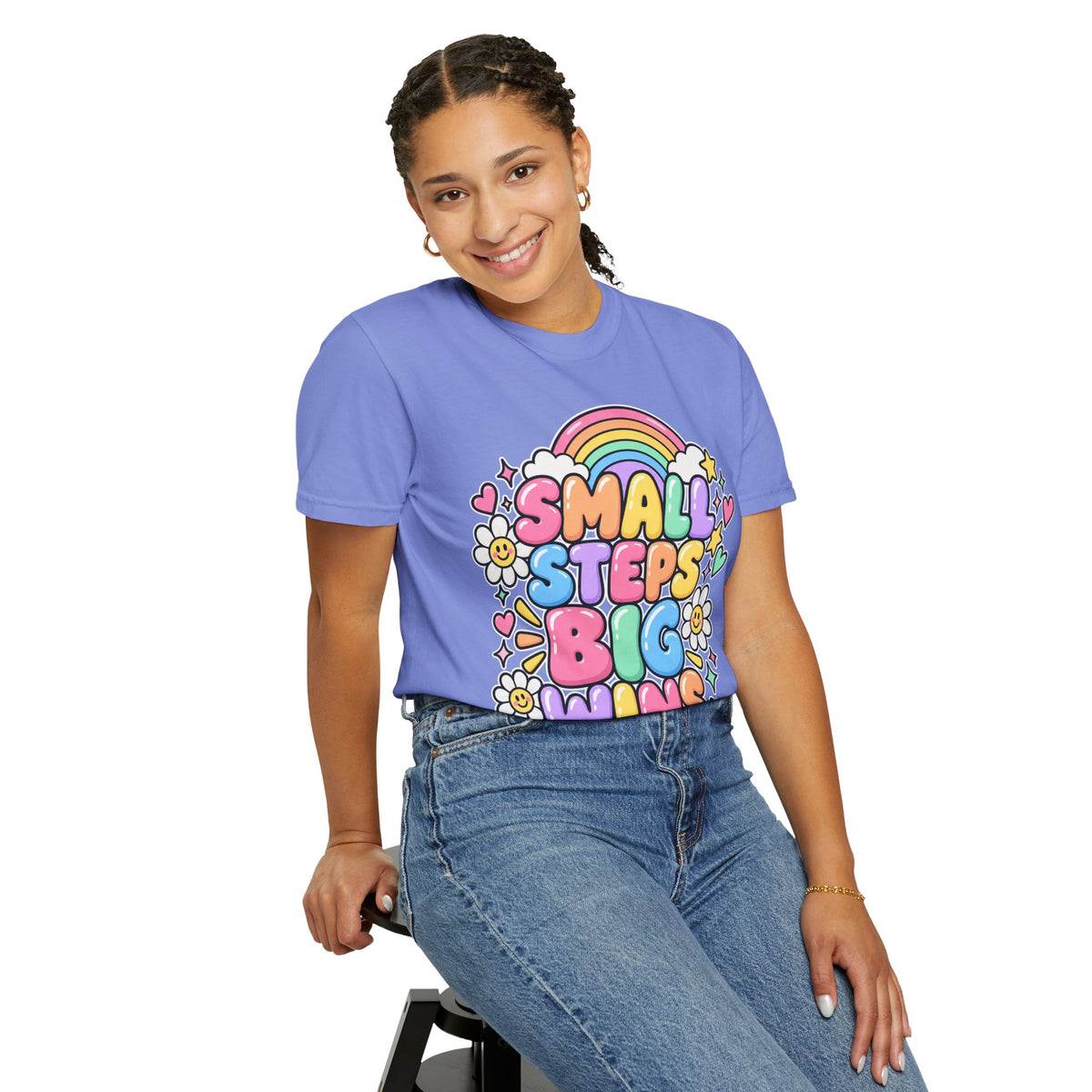 Small Steps Big Wins T-shirt | Retro Rainbow Positive Graphic
