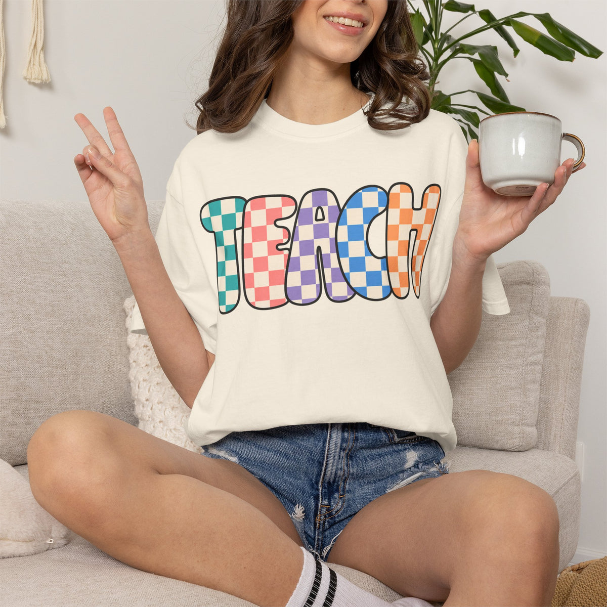Teach Bubble Letters Checkerboard T-Shirt | Colorful Retro School Tee