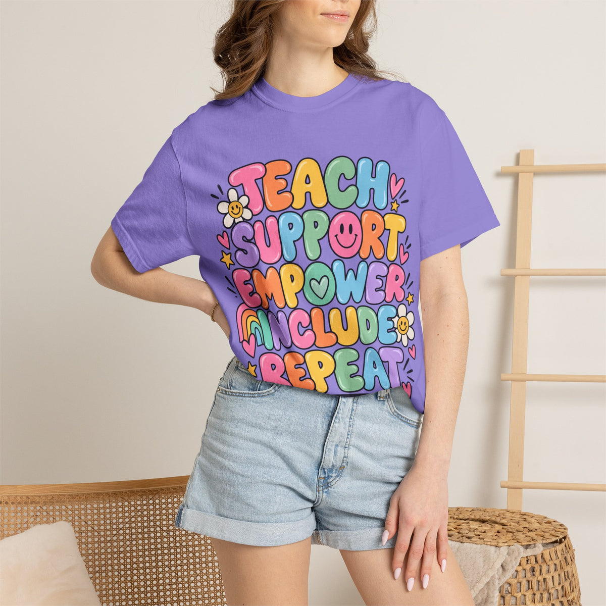 Teach Support Empower Include Repeat T-shirt | Rainbow Positivity Tee