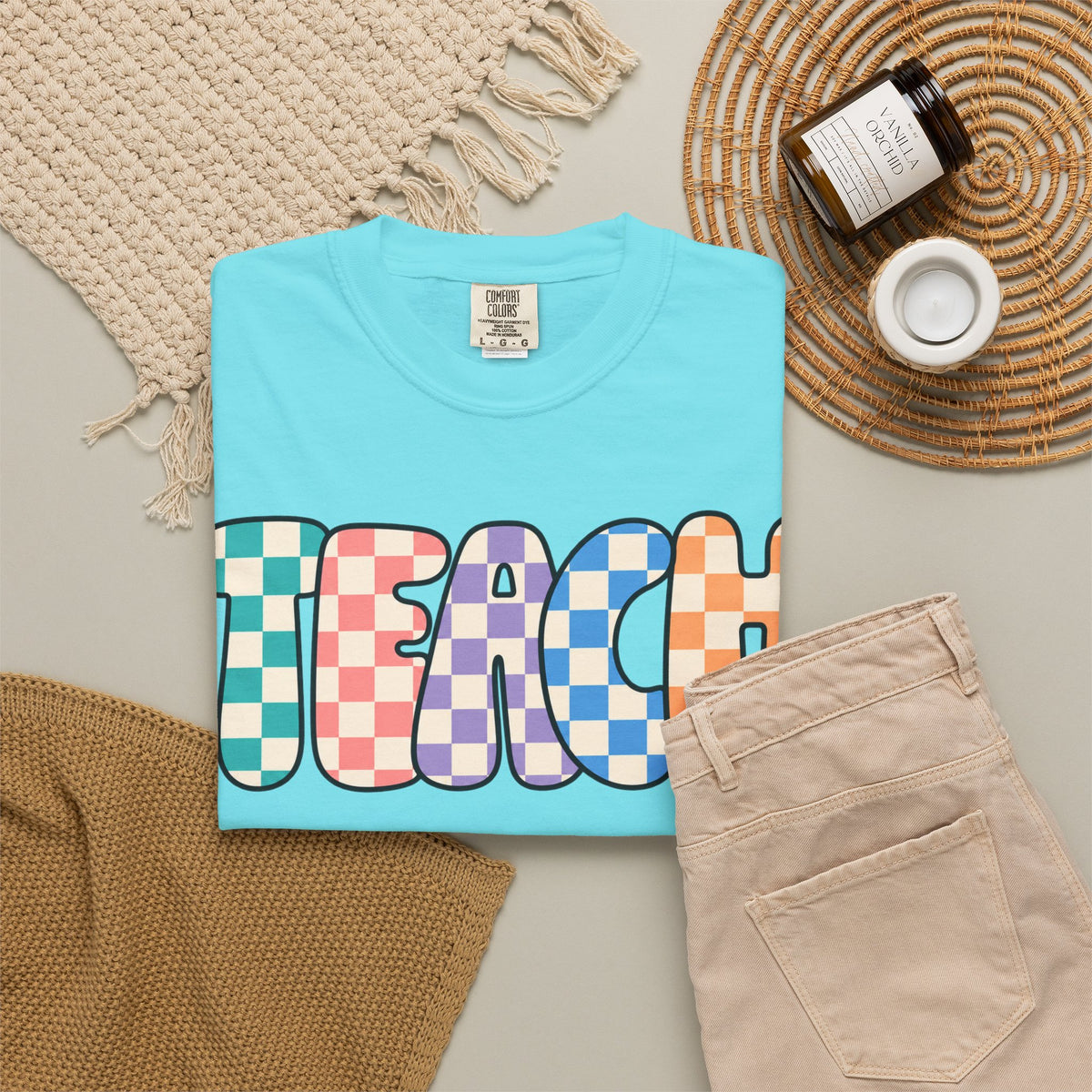 Teach Bubble Letters Checkerboard T-Shirt | Colorful Retro School Tee