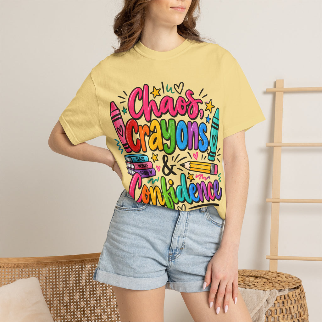 Chaos Crayons & Confidence T-shirt | Colorful Crayon School Art Tee