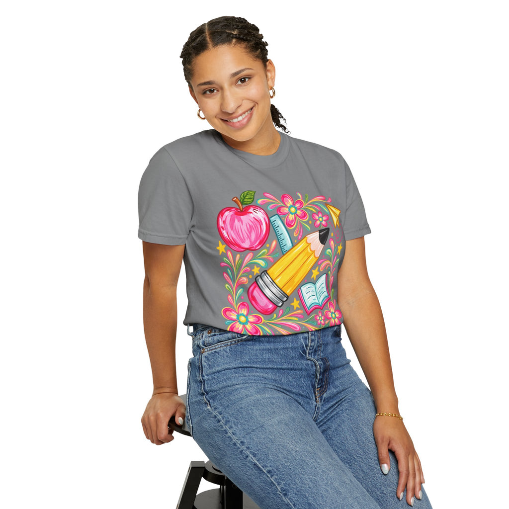 School Supplies Pencil Apple Floral T-shirt | Teacher Student Back to School