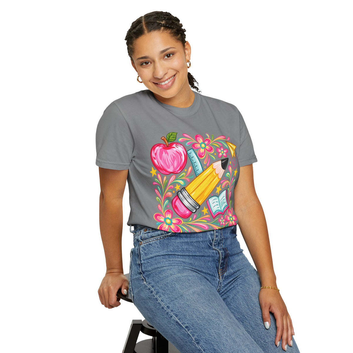 School Supplies Pencil Apple Floral T-shirt | Teacher Student Back to School