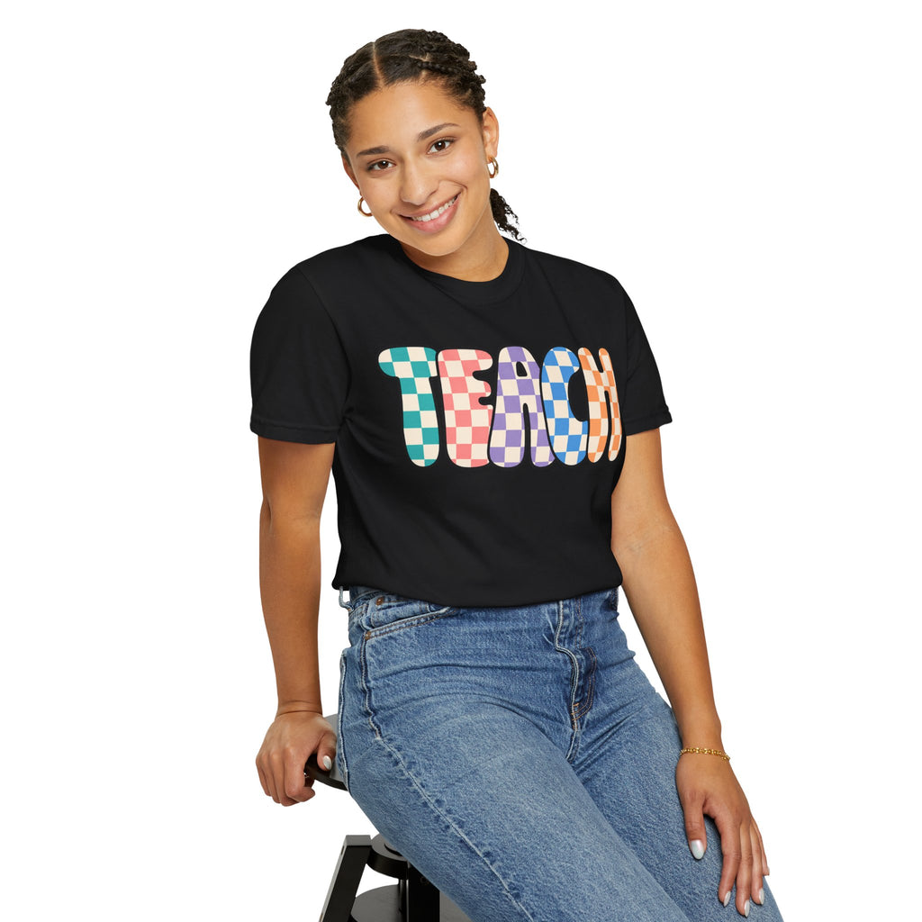 Teach Bubble Letters Checkerboard T-Shirt | Colorful Retro School Tee