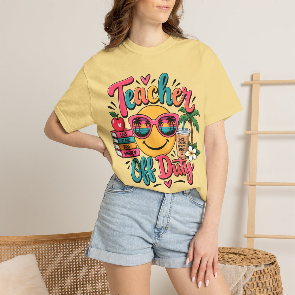 Teacher Off Duty T-shirt | Smiley Sunglasses, Books, Palm Trees, Coffee