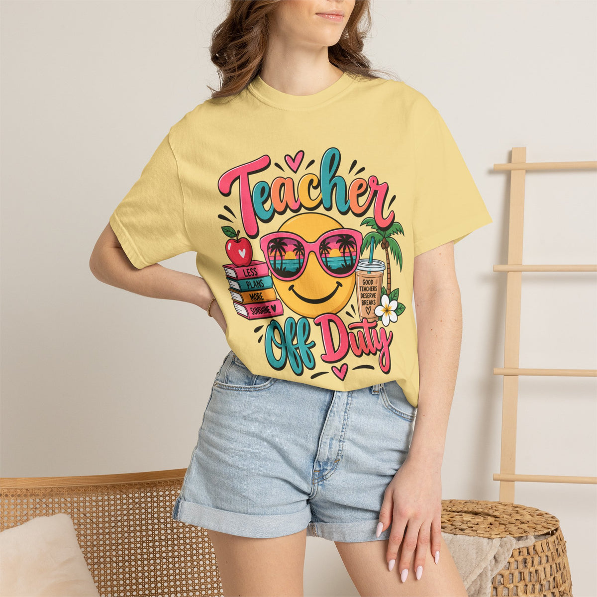 Teacher Off Duty T-shirt | Smiley Sunglasses, Books, Palm Trees, Coffee