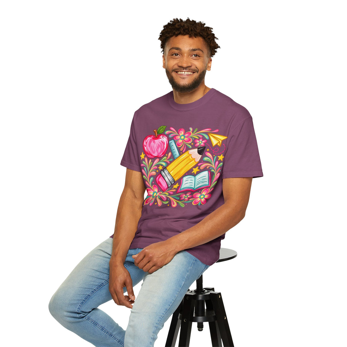 School Supplies Pencil Apple Floral T-shirt | Teacher Student Back to School