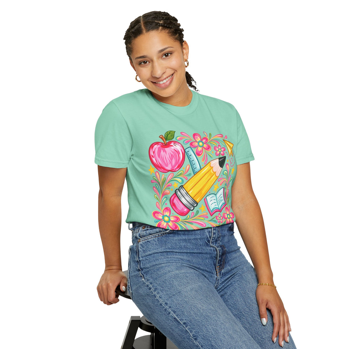 School Supplies Pencil Apple Floral T-shirt | Teacher Student Back to School
