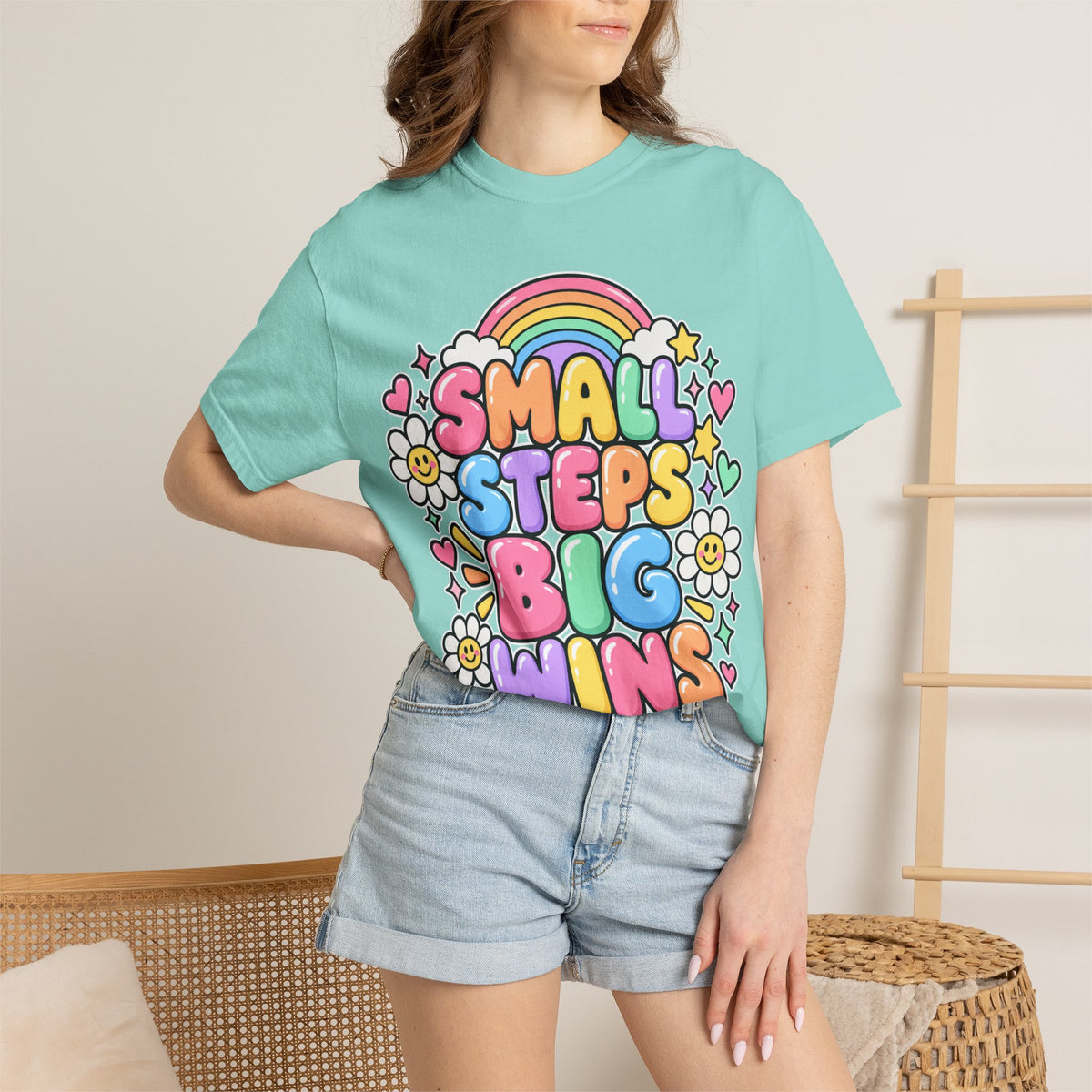 Small Steps Big Wins T-shirt | Retro Rainbow Positive Graphic