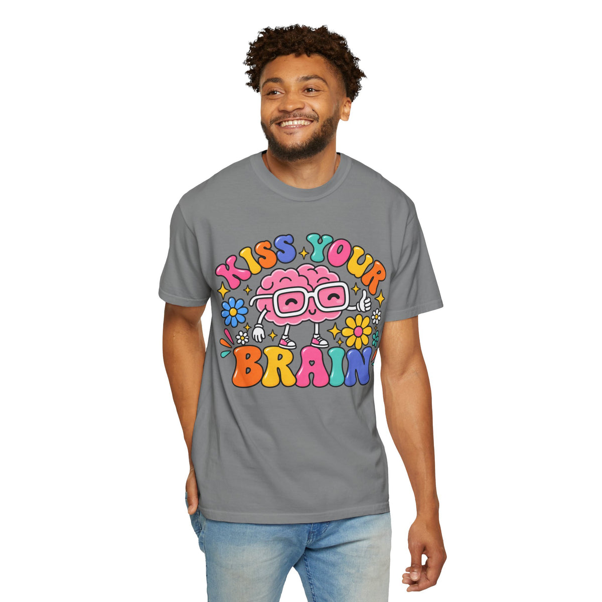 Kiss Your Brain BRI TEE | T-Shirt, Retro Cartoon Brain with Flowers