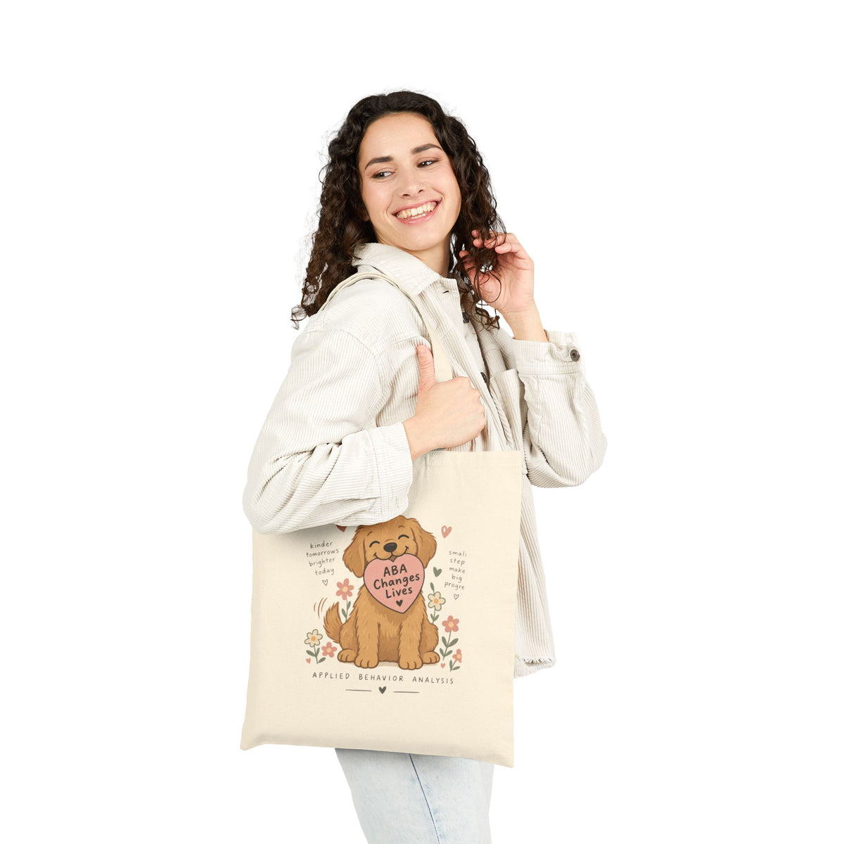 Golden Retriever Puppy Holding Heart tote bag | Cute Dog Illustration, Floral Accents