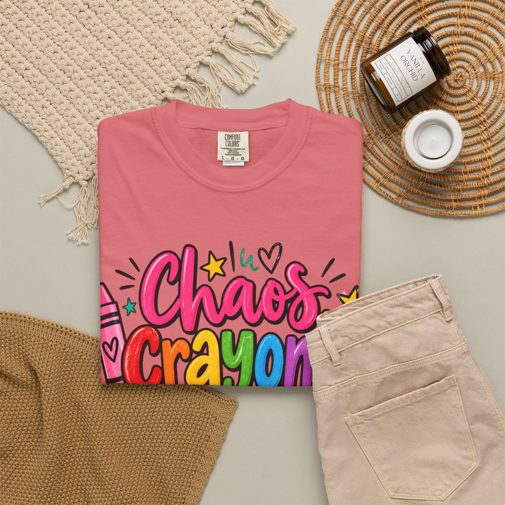 Chaos Crayons & Confidence T-shirt | Colorful Crayon School Art Tee