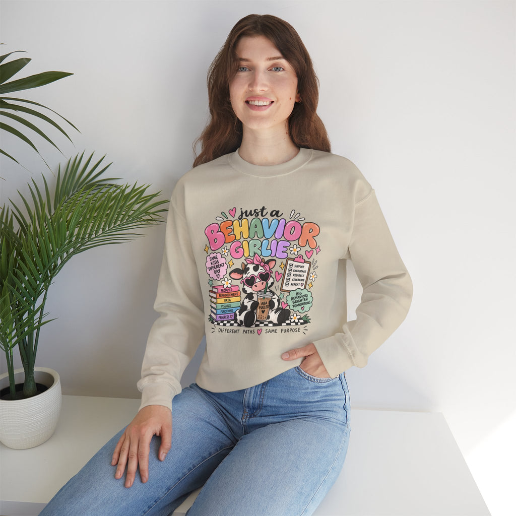 Just a Behavior Girl Crewneck Sweatshirt | Cute Cow Character, Books & Therapy Icons