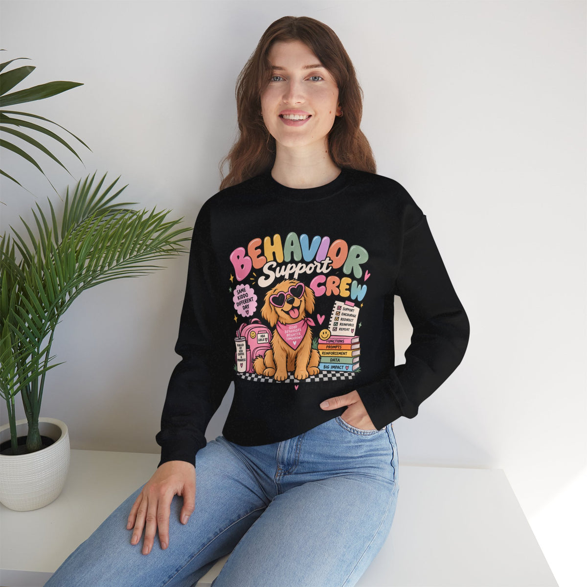 Behavior Support Crew sweatshirt | School Therapy Dog Design, Books & Classroom Icons