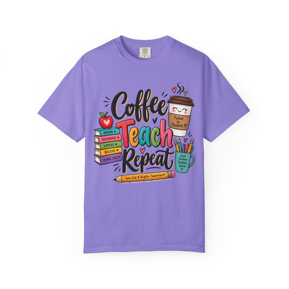 Coffee Teach Repeat T-shirt | Teacher Coffee Book Stack Pencil Mug Design