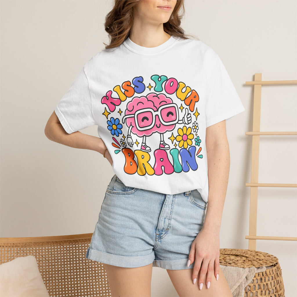 Kiss Your Brain BRI TEE | T-Shirt, Retro Cartoon Brain with Flowers