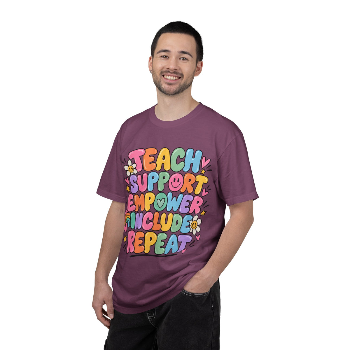 Teach Support Empower Include Repeat T-shirt | Rainbow Positivity Tee