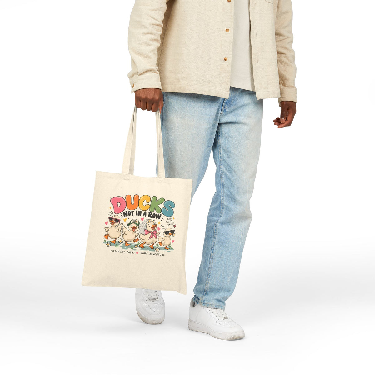 Ducks Not In A Row Tote Bag | Cartoon Ducks Canvas Tote
