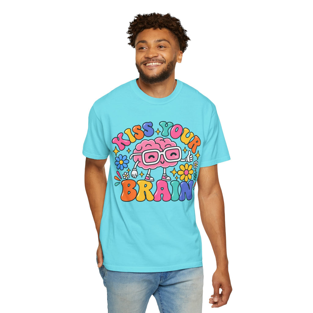 Kiss Your Brain BRI TEE | T-Shirt, Retro Cartoon Brain with Flowers