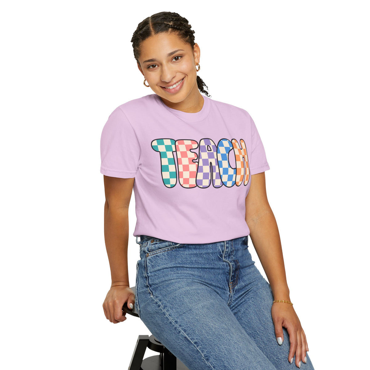 Teach Bubble Letters Checkerboard T-Shirt | Colorful Retro School Tee