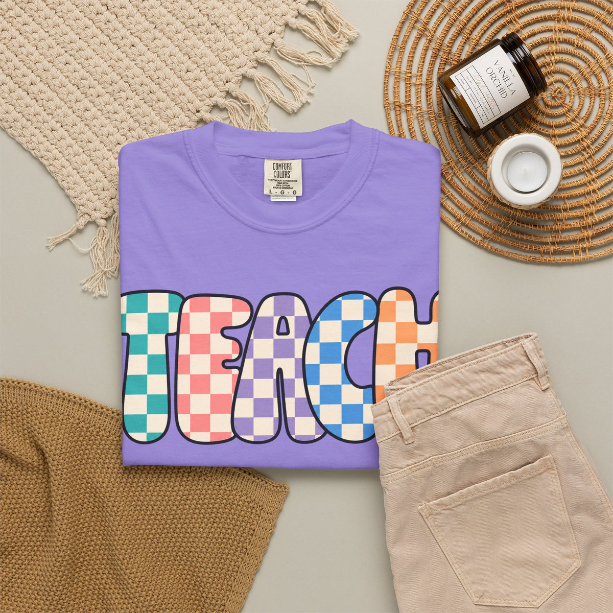 Teach Bubble Letters Checkerboard T-Shirt | Colorful Retro School Tee