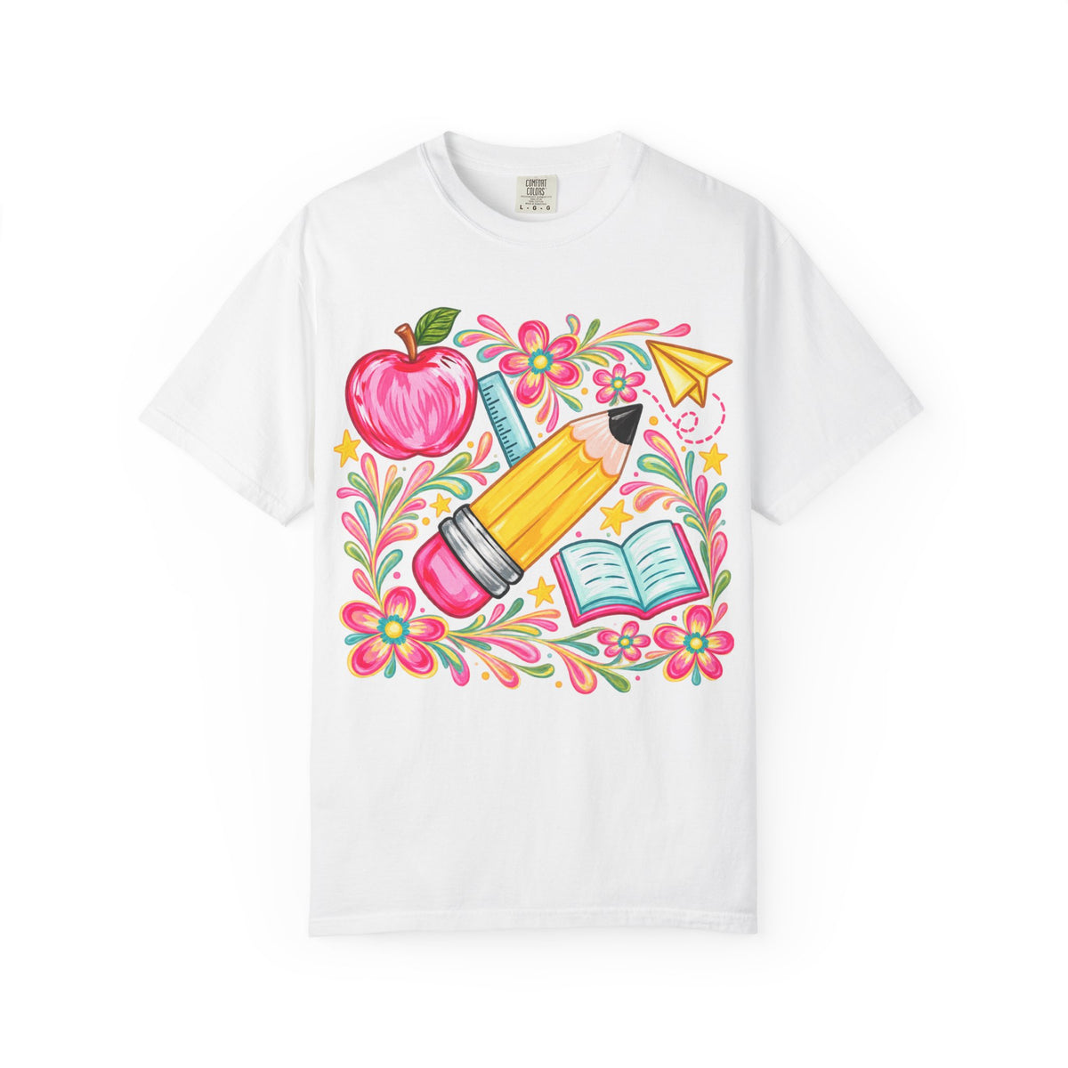 School Supplies Pencil Apple Floral T-shirt | Teacher Student Back to School